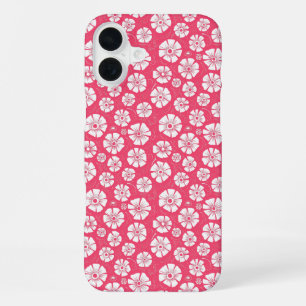 Coque iPhone 16 Plus Floral blanc gras sur rose