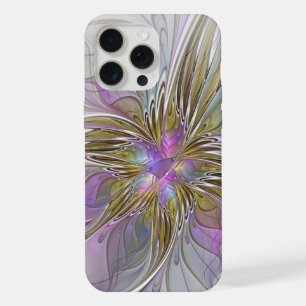 Coque iPhone 15 Pro Max Floral Coloré Abstrait Fractal Avec Rose & Or