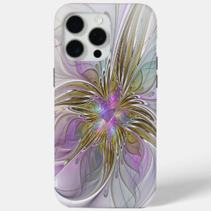 Coque iPhone 15 Pro Max Floral Coloré Abstrait Fractal Avec Rose & Or