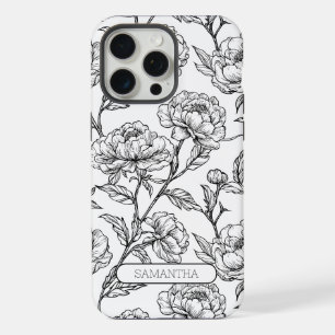Coque iPhone 15 Pro Max Floral noir et blanc Nom personnalisé Flower