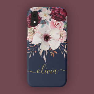 Coque iphone floral rose-bordeaux doré