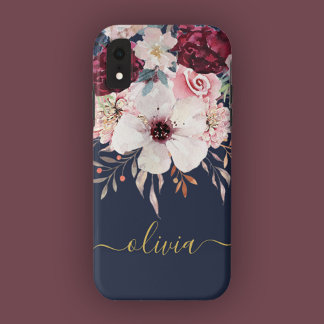 Coque iphone floral rose-bordeaux doré