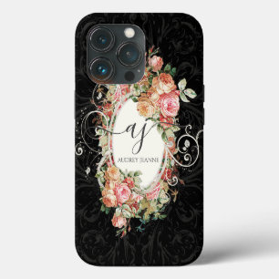 Etui iPhone 13 Pro Floral rose noir élégant Monogramme Vintage Script