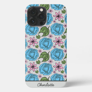 Etui iPhone 13 Pro Max Floral sans couture motif bleu & rose personnalisé
