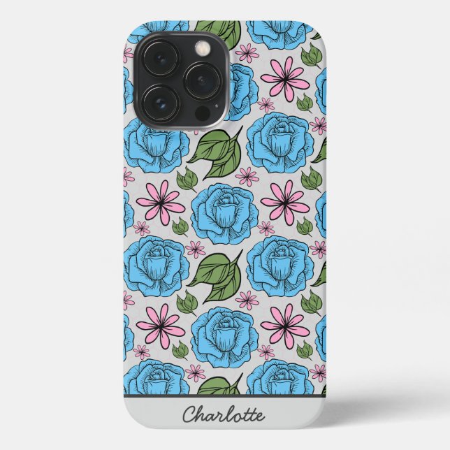 Coque iPhone Floral sans couture motif bleu & rose personnalisé (Verso)