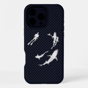 Coque iPhone 16 Pro Max Foie Chrome avec requins sur fibre de carbone