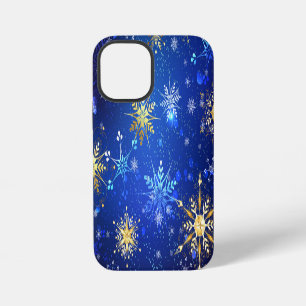 Coque iPhone 12 Mini Fond bleu de Noël avec flocons d'or