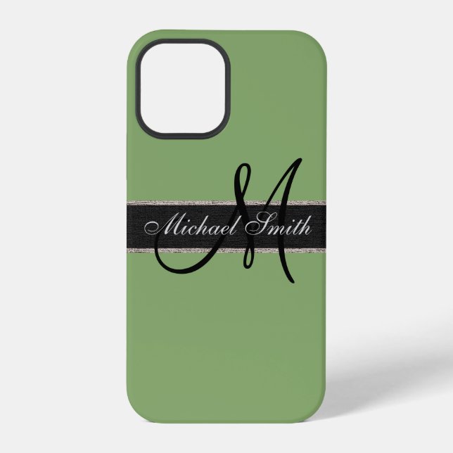 Coque iPhone Fond de couleur asperge à monogramme (Verso)