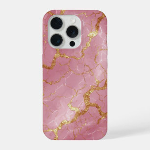 Coque iPhone 15 Pro Fond de marbre rose avec veines dorées