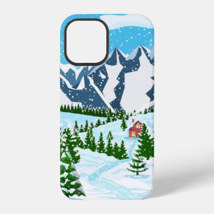 Coque iPhone 12 Fond de Noël hivernal. Bois de pin et neige