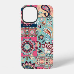 Coque iPhone 12 Fond de patchwork sans couture avec paisley et fle