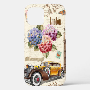 Coque iPhone 12 Fond élégant de Londres vintage avec voiture rétro