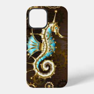 Coque iPhone 12 Fond en bois avec hippocampe mécanique