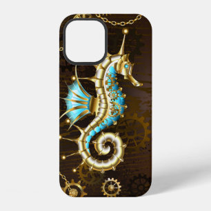 Coque iPhone 12 Fond en bois avec hippocampe mécanique