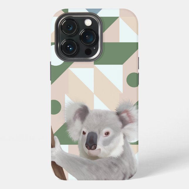 Coque iPhone Fond Géométrique Vert Koala Fluffy (Dos)