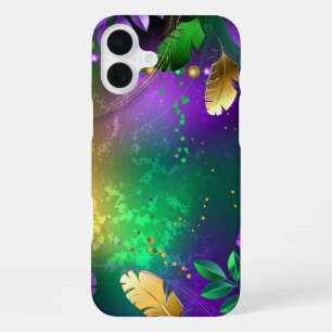 Coque iPhone 16 Plus Fond iridescent de mardi gras avec des perles