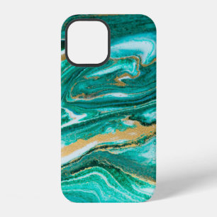 Coque iPhone 12 Fond ondoyant vert et or d'agate. Or