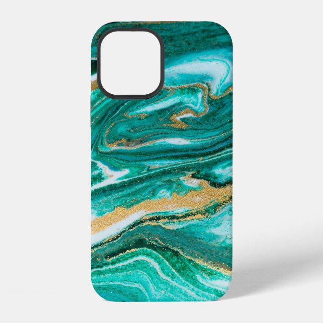 Coque iPhone Fond ondoyant vert et or d'agate. Or  (Verso)