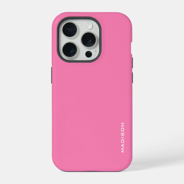 Coque iPhone Fond rose simple monogramme blanc (Verso)