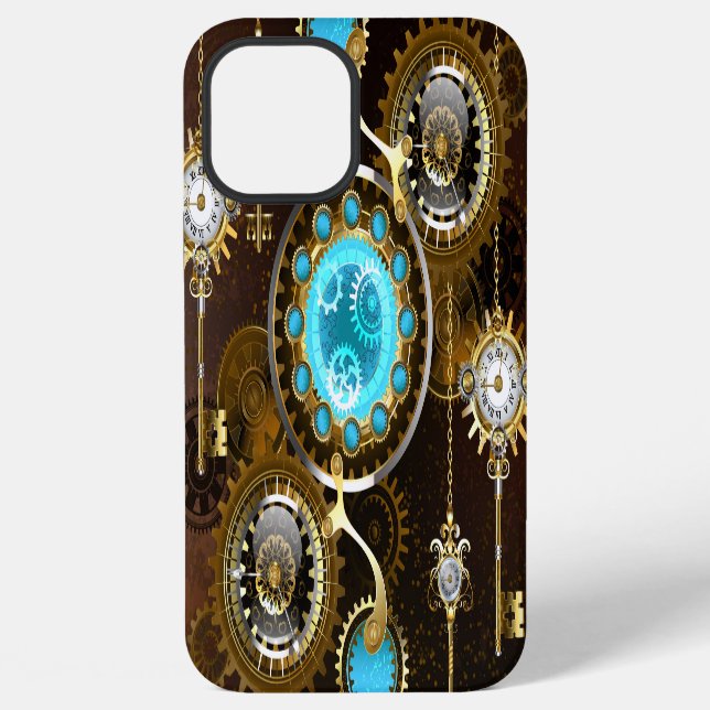 Coque iPhone Fond rouillé Steampunk avec verres turquoise (Verso)