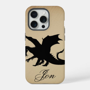 Coque iPhone 15 Pro Fond rustique Dragon Noir Personnel