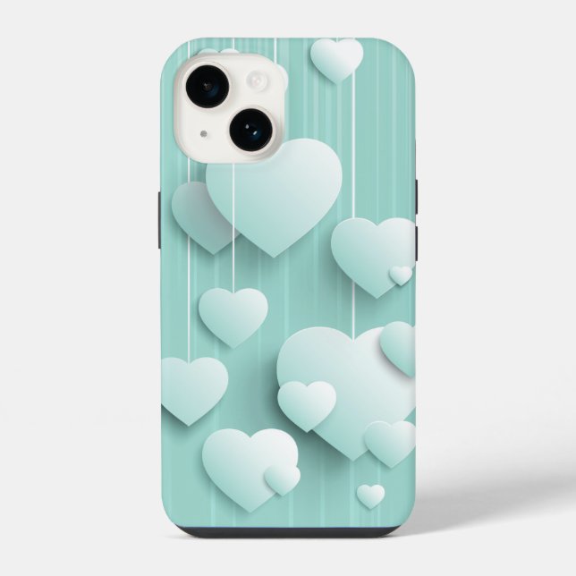 Coque iPhone Fond vert clair avec des cœurs blancs en 3D (Verso)