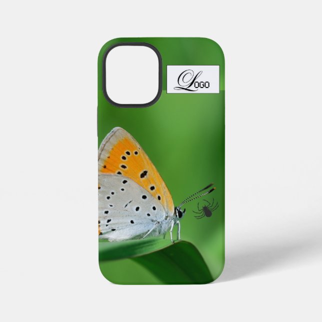 Coque iPhone Fond vert et papillon jaune et blanc et araignée (Verso)