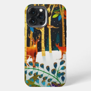 Etui iPhone 13 Pro Max Forêt de cerfs hivernale dorée et cosy à l'aquarel