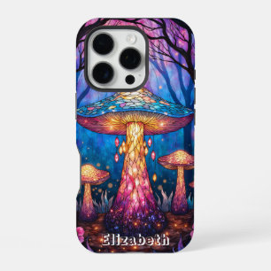 Coque iPhone 16 Pro Forêt de champignons en verre coloré mystique