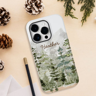 Coque Pour iPhone 14 Plus Forêt de pins verte aquarelle sur montagne Monogra