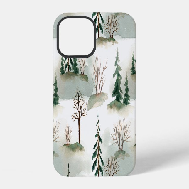 Coque iPhone Forêt d'hiver : flou vert dessiné à la main (Verso)