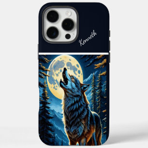 Coque iPhone 16 Pro Max Forêt éclairée par la lune et loup hurlant