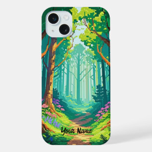 Coque iPhone 15 Plus Forêt magique Pixel Art Nom personnalisé