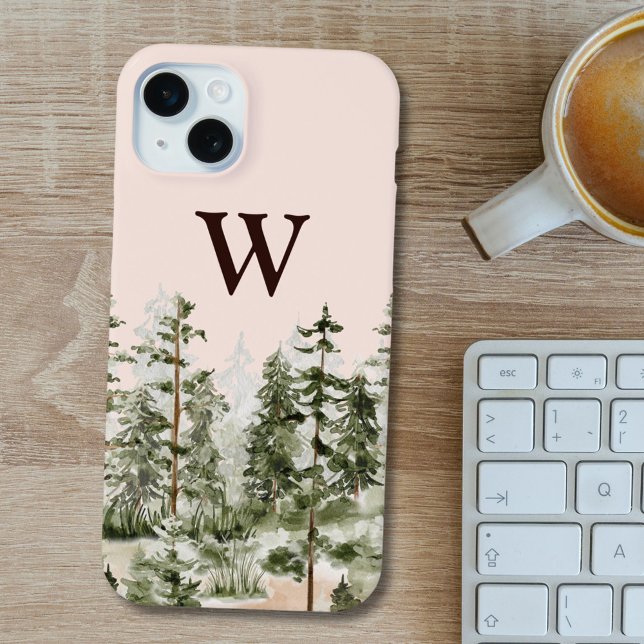 Coque iPhone Forêt Verte Rustique Monogramme Aquarelle (In situ)