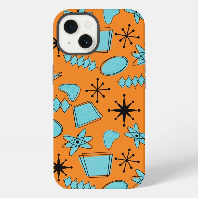 Coque iPhone Formes atomiques MCM Turquoise sur Orange (Verso)