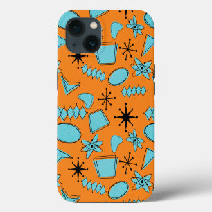 Etui iPhone 13 Formes atomiques MCM Turquoise sur Orange