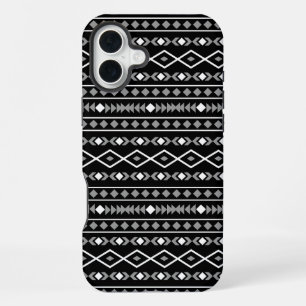 Coque iPhone 16 Plus Formes aztèques Motif blanc gris noir