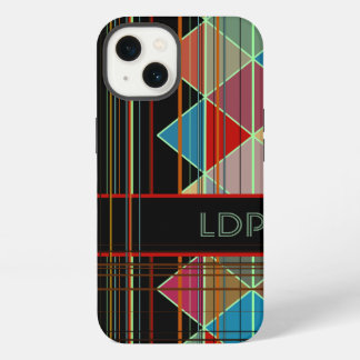 Etui iPhone 13 Formes de triangle rayé avec initiales sur fond no