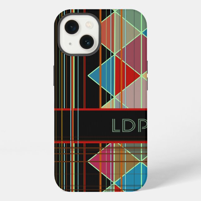 Coque iPhone Formes de triangle rayé avec initiales sur fond no (Verso)