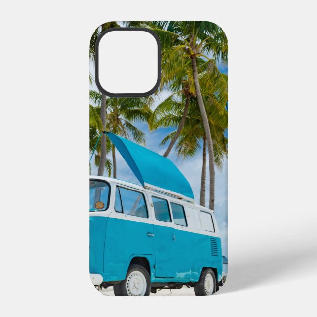 Coque iPhone Fourgonnette bleue et blanche sur la plage (Verso)