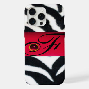 COQUE iPhone 15 PRO MAX FOURRURE DE ZÈBRE NOIR BLANC AVEC MONOGRAMME GEMME
