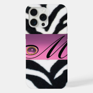 COQUE iPhone 15 PRO MAX FOURRURE DE ZÈBRE NOIR BLANC MONOGRAMME GEMME LILA
