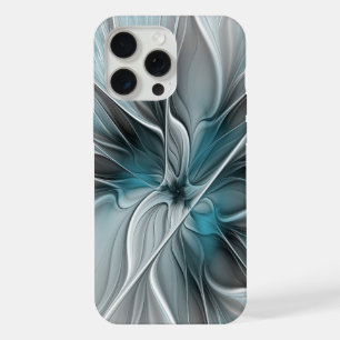 Coque iPhone 15 Pro Max Fractal Floral Moderne Abstrait Fleur Bleu Gris