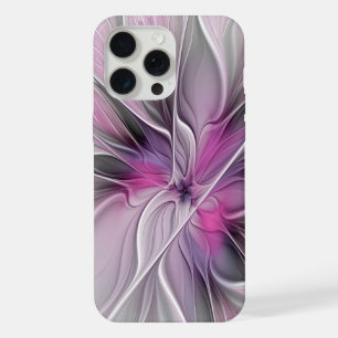 Coque iPhone 15 Pro Max Fractal Floral Moderne Abstrait Fleur Rose Gris