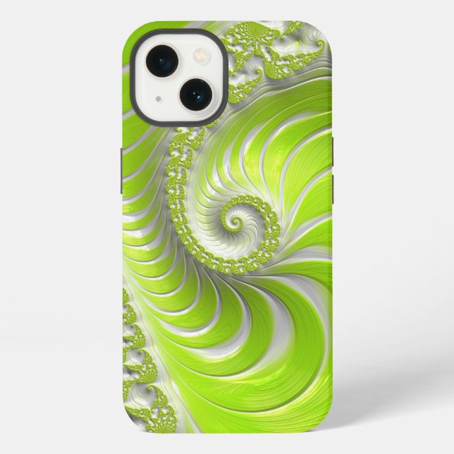 Coque iPhone Fractale en spirale vert citron abstrait (Verso)