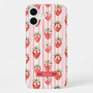 Coque iPhone 16 Plus Fraises à l'aquarelle avec des nœuds coquettes
