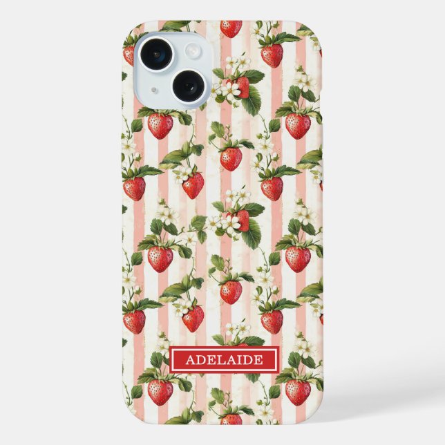 Coque iPhone Fraises à l'aquarelle sur monogramme à rayures (Verso)
