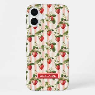 Coque iPhone 16 Plus Fraises à l'aquarelle sur monogramme rayé