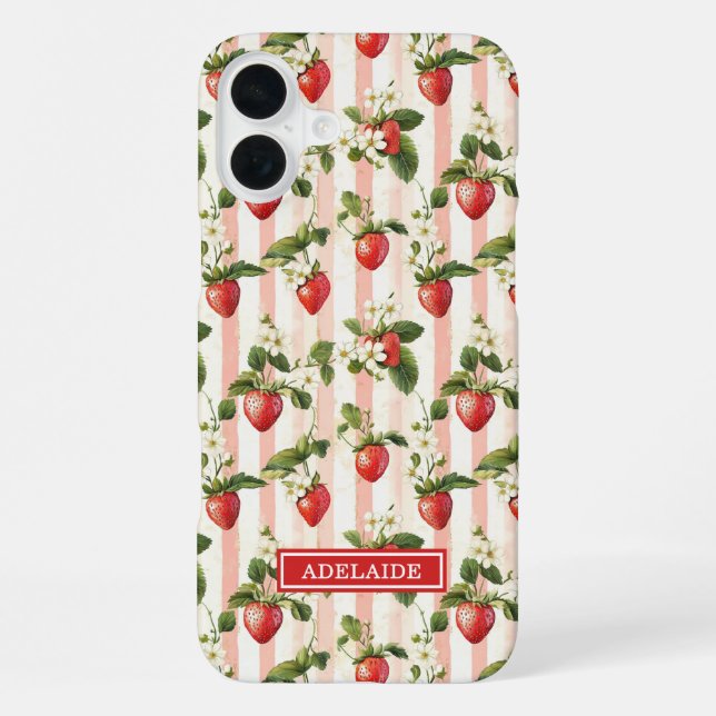 Coque iPhone Fraises à l'aquarelle sur monogramme rayé (Verso)