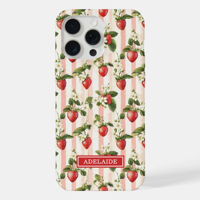 Coque iPhone Fraises à l'aquarelle sur monogramme rayé (Verso)